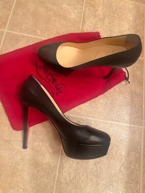 Christian Louboutin Black Leather Platform Pumps with Red Sole Accents